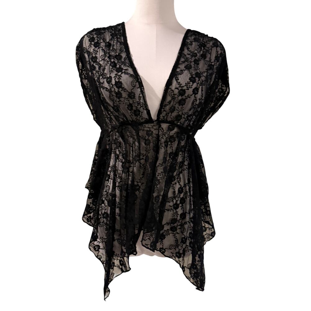 Black Sheer Lace Tunic Handkerchief V Neck Top Whimsigoth Gothic Grunge Medium